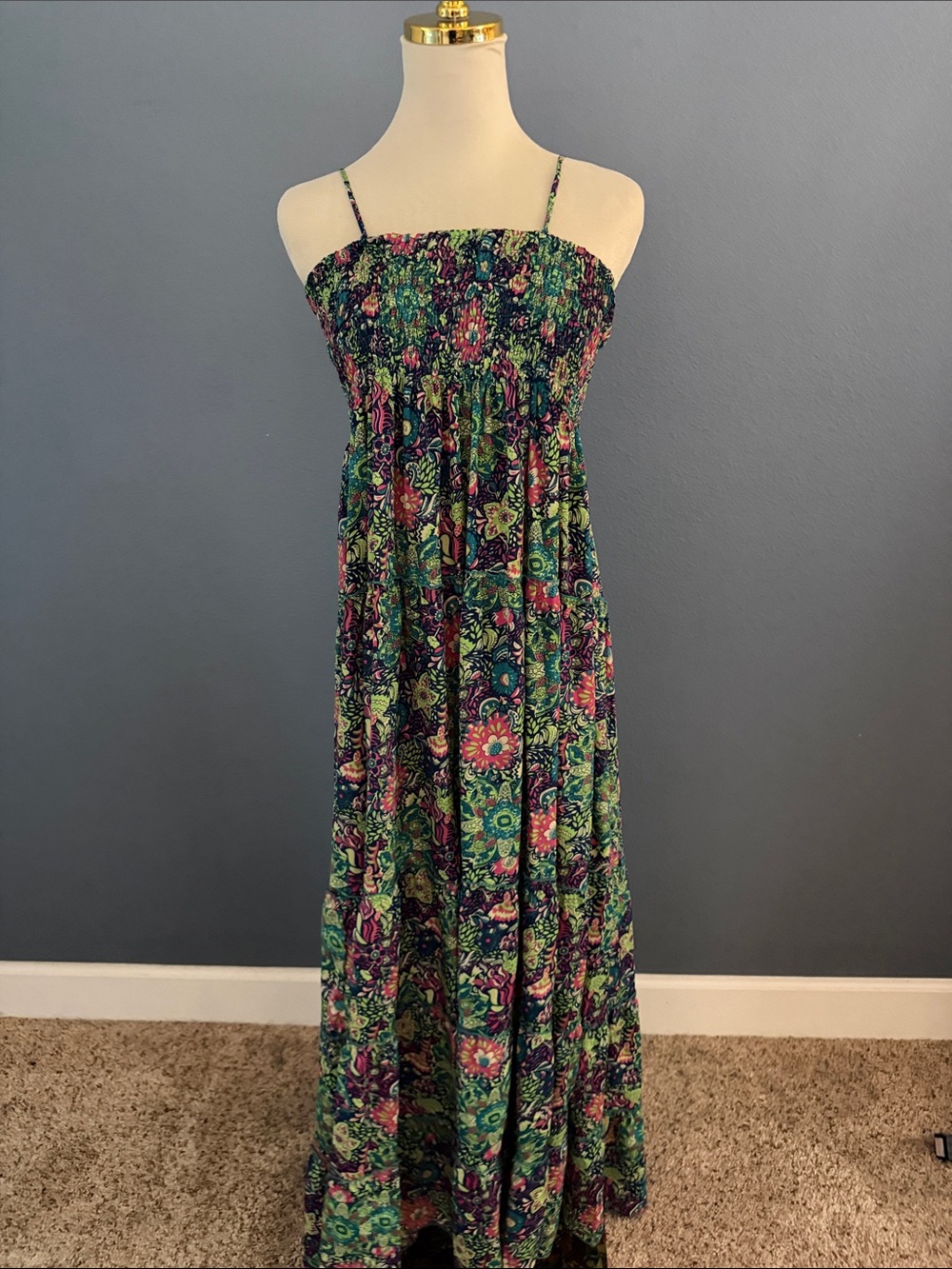 Maxi Sundress with Green Floral Pattern